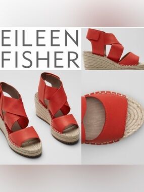 Eileen Fisher Leather Espadrilles Wedge Sandals